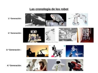 Las cronología de los robot
1.ª Generación:
2.ª Generación :
3.ª Generación :
4.ª Generación:
 