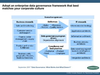 Adopt an enterprise data governance framework that best matches your corporate culture September 2007  “Data Governance: What Works And What Doesn’t”   