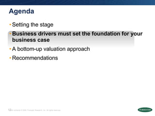 Agenda Setting the stage Business drivers must set the foundation for your business case A bottom-up valuation approach Recommendations 