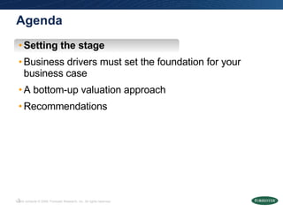 Agenda Setting the stage Business drivers must set the foundation for your business case A bottom-up valuation approach Recommendations 