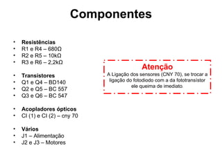 Componentes Resistências  R1 e R4 – 680Ω R2 e R5 – 10kΩ R3 e R6 – 2,2kΩ  Transístores  Q1 e Q4 – BD140  Q2 e Q5 – BC 557 Q3 e Q6 – BC 547  Acopladores ópticos  CI (1) e CI (2) – cny 70 Vários  J1 – Alimentação  J2 e J3 – Motores  Atenção A Ligação dos sensores (CNY 70), se trocar a ligação do fotodiodo com a da fototransístor ele queima de imediato . 