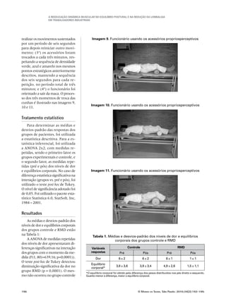 A Reeducação Dinâmica Muscular no Equilíbrio Postural e na redução da Lombalgia
em trabalhadores industriais
196	 O Mundo da Saúde, São Paulo: 2010;34(2):192-199.
realizarosmovimentossustentados
por um período de seis segundos
para depois reiniciar outro movi-
mento; (3º) os acessórios foram
trocados a cada três minutos, res-
peitando a sequência de densidade
verde, azul e amarelo nos mesmos
pontos estratégicos anteriormente
descritos, mantendo a sequência
dos seis segundos para cada re-
petição, no período total de três
minutos; e (4º) o funcionário foi
orientado a sair da maca. O proces-
so dos três momentos de troca das
cunhas é ilustrado nas imagens 9,
10 e 11.
Tratamento estatístico
Para determinar as médias e
desvios-padrão das respostas dos
grupos de pacientes, foi utilizada
a estatística descritiva. Para a es-
tatística inferencial, foi utilizada
a ANOVA 2x2, com medidas re-
petidas, sendo o primeiro fator os
grupos experimentais e controle, e
o segundo fator, as medidas repe-
tidas (pré e pós) dos níveis de dor
e equilíbrios corporais. No caso de
diferença estatística significativa na
interação (grupos vs. pré e pós), foi
utilizado o teste post hoc de Tukey.
O nível de significância adotado foi
de 0,05. Foi utilizado o pacote esta-
tístico Statistica 6.0, StatSoft, Inc,
1984 – 2001.
Resultados
As médias e desvios-padrão dos
níveis de dor e equilíbrios corporais
dos grupos controle e RMD estão
na Tabela 1:
A ANOVA de medidas repetidas
dos níveis de dor apresentaram di-
ferenças significativas na interação
dos grupos com o momento da me-
dida (F(1, 80)=639,16; p=0,0001)).
O teste post hoc de Tukey detectou
diminuição significativa da dor no
grupo RMD (p = 0,0001). O mes-
mo não ocorreu no grupo controle
Tabela 1. Médias e desvios-padrão dos níveis de dor e equilíbrios
corporais dos grupos controle e RMD
Variáveis
respostas
Controle RMD
Pré Pós Pré Pós
Dor 6 ± 2 6 ± 2 6 ± 1 1 ± 1
Equilíbrio
corporal*
3,8 ± 3,6 3,9 ± 3,4 4,9 ± 2,6 1,5 ± 1,1
*O equilíbrio corporal foi obtido pela diferença dos pesos distribuídos nos pés direito e esquerdo.
Quanto menor a diferença, maior o equilíbrio corporal.
Imagem 9. Funcionário usando os acessórios propriosperceptivos
Imagem 10. Funcionário usando os acessórios propriosperceptivos
Imagem 11. Funcionário usando os acessórios propriosperceptivos
 