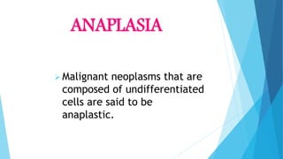 ANAPLASIA
Malignant neoplasms that are
composed of undifferentiated
cells are said to be
anaplastic.
 