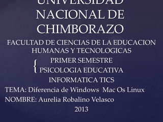 UNIVERSIDAD
NACIONAL DE
CHIMBORAZO
FACULTAD DE CIENCIAS DE LA EDUCACION
HUMANAS Y TECNOLOGICAS
PRIMER SEMESTRE
PSICOLOGIA EDUCATIVA
INFORMATICA TICS
TEMA: Diferencia de Windows Mac Os Linux
NOMBRE: Aurelia Robalino Velasco
2013

{

 
