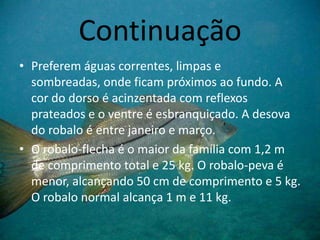 Continuação
• Preferem águas correntes, limpas e
sombreadas, onde ficam próximos ao fundo. A
cor do dorso é acinzentada com reflexos
prateados e o ventre é esbranquiçado. A desova
do robalo é entre janeiro e março.
• O robalo-flecha é o maior da família com 1,2 m
de comprimento total e 25 kg. O robalo-peva é
menor, alcançando 50 cm de comprimento e 5 kg.
O robalo normal alcança 1 m e 11 kg.
 