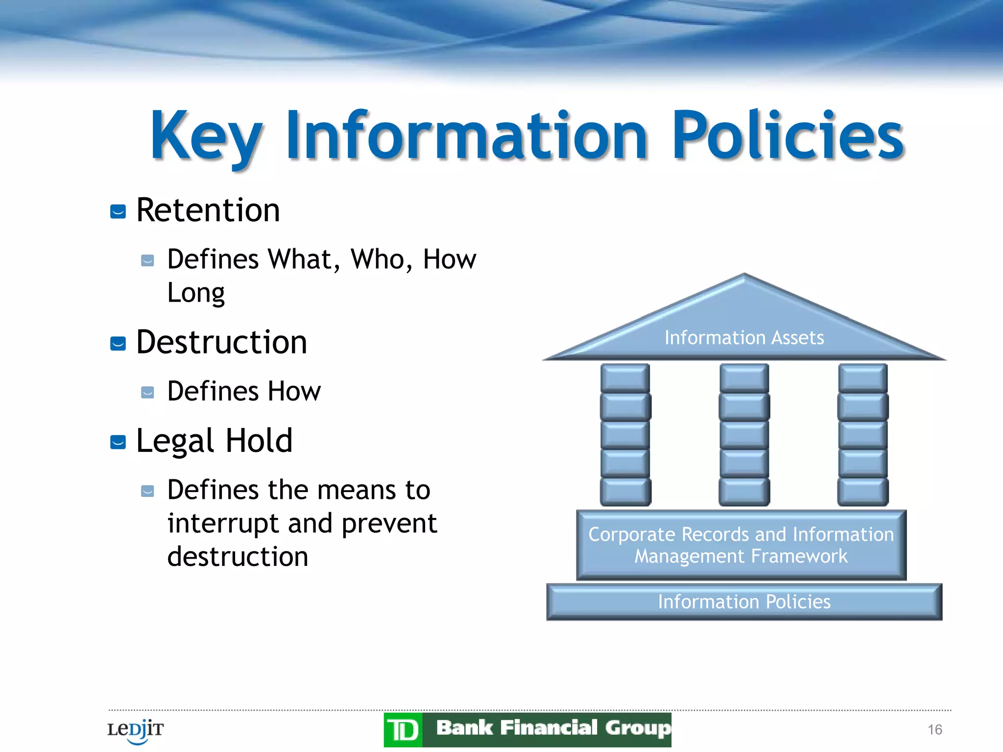 Key Information Policies
Retention
 Defines What, Who, How
 Long
Destruction                       Information Assets

 Defines How
Legal Hold
 Defines the means to
 interrupt and prevent    Corporate Records and Information
 destruction                   Management Framework

                                 Information Policies




                                                              16
 