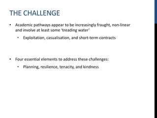 THE CHALLENGE
• Academic pathways appear to be increasingly fraught, non-linear
and involve at least some ‘treading water’
• Exploitation, casualisation, and short-term contracts
• Four essential elements to address these challenges:
• Planning, resilience, tenacity, and kindness
 