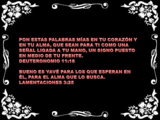 PON ESTAS PALABRAS MÍAS EN TU CORAZÓN Y EN TU ALMA, QUE SEAN PARA TI COMO UNA SEÑAL LIGADA A TU MANO, UN SIGNO PUESTO EN MEDIO DE TU FRENTE.DEUTERONOMIO 11:18 BUENO ES YAVÉ PARA LOS QUE ESPERAN EN ÉL, PARA EL ALMA QUE LO BUSCA.LAMENTACIONES 3:25