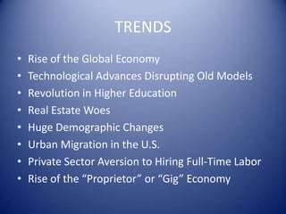 TRENDS
• Rise of the Global Economy
• Technological Advances Disrupting Old Models
• Revolution in Higher Education
• Real Estate Woes
• Huge Demographic Changes
• Urban Migration in the U.S.
• Private Sector Aversion to Hiring Full-Time Labor
• Rise of the “Proprietor” or “Gig” Economy
 