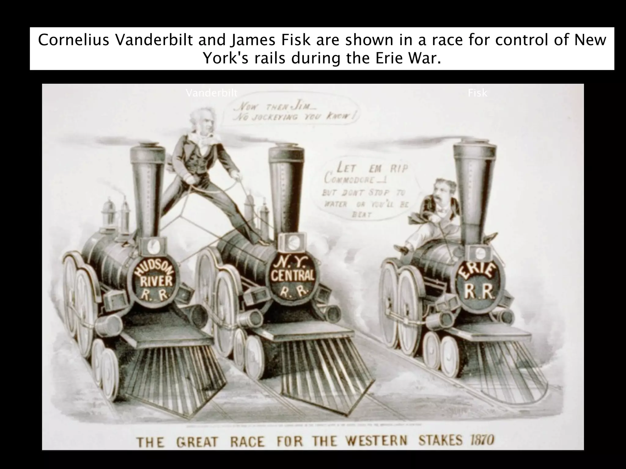 Cornelius Vanderbilt and James Fisk are shown in a race for control of New
                      York's rails during the Erie War.

                   Vanderbilt                          Fisk
 