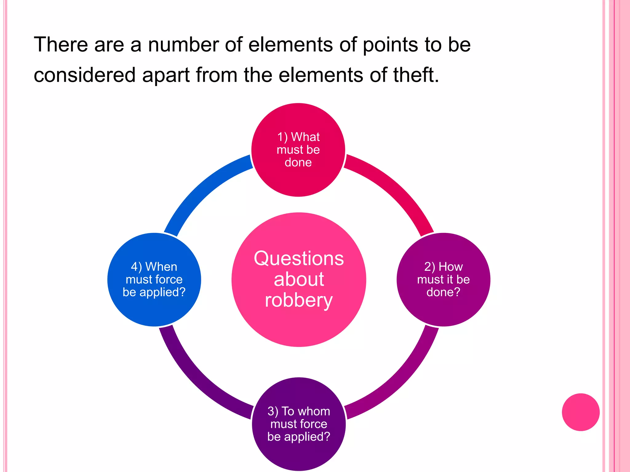 There are a number of elements of points to beconsidered apart from the elements of theft. 