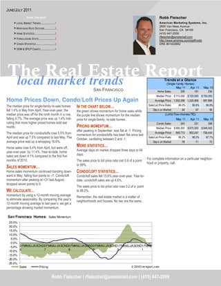 JUNE/JULY 2011
                   Inside This Issue                                                                                              Robb Fleischer
     > LOCAL MARKET TRENDS ..................... 1                                                                                American Marketing Systems, Inc.
     > MORTGAGE RATE OUTLOOK ............... 2
                                                                                                                                  2800 Van Ness Avenue
                                                                                                                                  San Francisco, CA 94109
     > HOME STATISTICS .............................. 2                                                                           (415) 447-2009
     > FORECLOSURE STATS ........................ 3                                                                               rfleischer@amsiemail.com
                                                                                                                                  http://www.amsires.com/staff/robb
     > CONDO STATISTICS ............................ 3                                                                            DRE #01403882
     > DOM & SP/LP CHARTS ..................... 4




The Real Estate Report
 local market trends                                                                                                                  Trends at a Glance
                                                                                                                                      (Single-family Homes)
                                                                                                                                              May 11    Apr 11         May 10
                                                                           SAN FRANCISCO                                        Home Sales:      209       191            236
                                                                                                                               Median Price: $ 715,000     $ 725,000 $ 750,000
Home Prices Down, Condo/Loft Prices Up Again                                                                                  Av erage Price: 1,002,056 1,025,906      987,896
                                                                                                                        Sale/List Price Ratio:     99.0%      99.6%      99.8%
The median price for single-family re-sale homes             IN THE CHART BELOW…
fell 1.4% in May from April. Year-over-year, the             the green shows momentum for home sales while                  Day s on Market:         64          67        56
median price was off for the ninth month in a row,           the purple line shows momentum for the median                             (Lofts/Tow nhomes/TIC)
falling 4.7%. The average price was up 1.4% indi-            price for single-family, re-sale homes.                                             May 11      Apr 11    May 10
cating that more higher priced homes sold last                                                                                 Condo Sales:         243        231        288
month.                                                       PRICING MOMENTUM…                                                 Median Price: $ 695,000     $ 670,000 $ 646,000
                                                             after peaking in September, was flat at -1. Pricing
The median price for condos/lofts rose 5.5% from                                                                              Av erage Price:    846,713    802,247    726,442
                                                             momentum for condos/lofts has been flat since last
April and was up 7.5% compared to last May. The              October, vacillating between 0 and -1.
                                                                                                                        Sale/List Price Ratio:     98.2%      98.0%      97.7%
average price was up a whopping 16.6%.                                                                                      Day s on Market:         78          71        72

Home sales rose 9.4% from April, but were off,
                                                             MORE STATISTICS…
year-over-year, by 11.4%. Year-to-date, home                 Average days on market dropped three days to 64
sales are down 4.1% compared to the first five               days.
months of 2010.                                                                                                        For complete information on a particular neighbor-
                                                             The sales price to list price ratio lost 0.6 of a point
                                                                                                                       hood or property, call.
                                                             to 99%.
SALES MOMENTUM…
Home sales momentum continued trending down-                 CONDO/LOFT STATISTICS…
ward in May, falling four points to –7. Condo/loft           Condo/loft sales fell 15.6% year-over-year. Year-to-
momentum after peaking at +31 last August,                   date, condo/loft sales are up 4.6%.
dropped seven points to 0.
                                                             The sales price to list price ratio rose 0.2 of a point
WE CALCULATE…                                                to 98.2%.
momentum by using a 12-month moving average                  Remember, the real estate market is a matter of
to eliminate seasonality. By comparing this year’s           neighborhoods and houses. No two are the same.
12-month moving average to last year’s, we get a
percentage showing market momentum.

 San Francisco Homes: Sales Momentum
  25.0%
  20.0%
  15.0%
  10.0%
   5.0%
   0.0%
  -5.0% 0 FMAMJ JA SOND0 FMAMJ JA SOND0 FMAMJ JA SOND0 FMAMJ JA SOND1 FMAMJ JA SOND1 FMAM
        6                7            8              9              0               1
 -10.0%
 -15.0%
 -20.0%
 -25.0%
        Sales        Pricing                                                 © 2010 rereport.com


                                                 Robb Fleischer | rfleischer@amsiemail.com | (415) 447-2009
 
