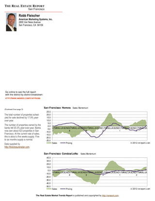 THE REAL ESTATE REPORT
                          San Francisco

                 Robb Fleischer
                 American Marketing Systems, Inc.
                 2800 Van Ness Avenue
                 San Francisco, CA 94109




Go online to see the full report
with the district by district breakdown:
HTTP://WWW.AMSIRES.COM/STAFF/ROBB


                                           San Francisco Homes: Sales Momentum
(Continued from page 3)
                                             25.0
The total number of properties sched-        20.0
uled for sale declined by 17.9% year-        15.0
over-year.                                   10.0
                                              5.0
The number of properties owned by the         0.0
banks fell 20.3% year-over-year. Banks       -5.0 0 FMAMJ JASOND0 FMAMJ JA SOND0 FMAMJ JASOND1 FMAMJ JASOND1 FMAMJ JA SOND1 FMAMJ JA
now own about 523 properties in San         -10.0
                                                  7               8            9             0             1               2
Francisco. At the current rate of sales,    -15.0
this is about a five weeks supply. Five     -20.0
to six months supply is normal.             -25.0
                                                  Sales       Pricing                                                 © 2012 rereport.com
Data supplied by
http://foreclosureradar.com.

                                           San Francisco Condos/Lofts: Sales Momentum
                                             40.0
                                             30.0
                                             20.0
                                             10.0
                                              0.0
                                                    0 FMAMJ JASOND0 FMAMJ JA SOND0 FMAMJ JASOND1 FMAMJ JASOND1 FMAMJ JA SOND1 FMAMJ JA
                                            -10.0
                                                    7             8              9             0             1              2
                                            -20.0
                                            -30.0
                                            -40.0
                                            -50.0
                                                    Sales         Pricing                                                     © 2012 rereport.com


                                  The Real Estate Market Trends Report is published and copyrighted by http://rereport.com.
 