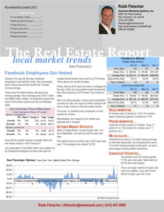 NOVEMBER/DECEMBER 2012                                                                                                                  Robb Fleischer
                                                                                                                                        American Marketing Systems, Inc.
                   Inside This Issue
                                                                                                                                        2800 Van Ness Avenue
     > LOCAL MARKET TRENDS ..................... 1                                                                                      San Francisco, CA 94109
     > MORTGAGE RATE OUTLOOK ............... 2                                                                                          (415) 447-2009
                                                                                                                                        rfleischer@amsiemail.com
     > HOME STATISTICS .............................. 2
                                                                                                                                        http://www.amsires.com/staff/robb
     > FORECLOSURE STATS ........................ 3                                                                                     DRE #01403882
     > CONDO STATISTICS ............................ 3
     > MOMENTUM CHARTS .......................... 4




The Real Estate Report
 local market trends                                                                                                                       Trends at a Glance
                                                                                                                                             (Single-family Homes)
                                                                                                                                                     Oct 12       Sep 12    Oct 11
                                                                                 SAN FRANCISCO
                                                                                                                                    Home Sales:         244          241       190
                                                                                                                                   Median Price: $ 844,500     $ 670,000   $741,500
Facebook Employees Get Vested                                                                                                     Av erage Price: $1,322,171   $ 844,479   $995,590
October 31st was the first day Facebook                            median priced homes, they could buy 575 homes. Sale/List Price Ratio:             103.1%       104.5%     100.3%
employees could sell their stock. Not surprisingly,                That’s about one months of sales.                  Day s on Market:                    44          50         51
stock volume was almost double the 13-week                                                                                                  (Lofts/Tow nhomes/TIC)
                                                                   If they only put 20% down and took a mortgage for
moving average.                                                                                                                                      Oct 12       Sep 12    Oct 11
                                                                   the rest, which any accountant would recommend,
There were 40 million shares sold above the                        then they could buy 2,875 homes: five months of                 Condo Sales:         268          248       176
moving average. At an average price of $21, that’s                 sales.                                                          Median Price: $ 760,000     $ 705,000   $644,500
over $800 million dollars. It’s anybody’s guess how                                                                               Av erage Price: $ 887,124    $ 828,376   $701,570
                                                                   With only 658 properties, homes and condos/lofts,
much of that extra volume was due to employee
                                                                   currently for sale, the impact of either scenario will Sale/List Price Ratio:     103.1%       101.0%      98.2%
sales.                                                                                                                        Day s on Market:            51          50         75
                                                                   have a major impact on the real estate market.
     San Francisco Price Differences
      from January & Peak & Trough                                 Of course, it’s doubtful every employee is in the          SALES MOMENTUM…
Hom es: detached                                                   market for a home.                                         for homes rose 2.2 points to +10.5. For condos,
          YTD Peak % Trough % Peak Trough                                                                                     sales momentum gained 3.3 points to +17.6.
                                                                   Nevertheless, the impact on the market was
  3-month      19%         -19%             22% Jun-07    Feb-12
                                                                   definitely felt in October.                                PRICING MOMENTUM…
 12-month        6%        -19%               6% Apr-08   Mar-12                                                              continued moving upward in October, rising 1.1
Hom es: attached                                                   OCTOBER MARKET STATISTICS                                  points to +3. The number for condos rose 1.7
  3-month      19%          -6%             19% Jul-08    Jan-12   Sales of single-family, re-sale homes rose 1.2%            points to +6.2.
 12-month        8%         -9%               9% Aug-08   Jan-12   from September, and were up 28.4% year-over-
                                                                   year.                                                      WE CALCULATE…
How will this sudden infusion of wealth affect the                                                    momentum by using a 12-month moving average
                                                     The median price for homes rose 13.9% year-over-
real estate market in San Francisco?                                                                  to eliminate seasonality. By comparing this year’s
                                                     year. The average price jumped 32.8%!            12-month moving average to last year’s, we get a
Let’s speculate! If only $400 million was cashed out                                                  percentage showing market momentum.
by Facebook employees and they paid cash for
                                                                                                                              CONDO/LOFT STATISTICS…
                                                                                                                                           The median price for condos gained
  San Francisco Homes: Year-Over-Year Median Sales Price Change                                                                            17.9% year-over-year. Sales were up
                                                                                                                                           52.3% from last October.
 30.0%
                                                                                                                                           This is an tough market for buyers. Be
 20.0%                                                                                                                                     calm and realistic. If you don’t know
 10.0%                                                                                                                                     where to begin, give me a call.
  0.0%
       0 FMAMJ JASOND0 FMAMJ JASOND0 FMAMJ JA SOND1 FMAMJ JASOND1 FMAMJ JA SOND1 FMAMJ JASO
-10.0% 7             8             9              0             1              2
-20.0%

-30.0%

-40.0%
                                                                                                                 © 2012 rereport.com


                                                 Robb Fleischer | rfleischer@amsiemail.com | (415) 447-2009
 