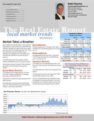 Robb Fleischer 
The Real Estate Report 
local market trends 
SAN FRANCISCO 
Market Takes a Breather 
After reaching new all-time highs in June, prices of 
single-family, re-sale homes and condos/lofts have 
retreated. Although the median price was up again, 
year-over-year, the increase was only 1.2%. That is 
the lowest year-over-year increase since a 
negative 6.3% in March 2012. The median price 
went below $1,000,000 for the first time since 
January. 
Condo/loft prices were more resilient, with the 
median condo/loft price up 14.1% year-over-year. 
Home sales continue to stumble. They have been 
lower than the month before for the past six 
months. 
AUGUST MARKET STATISTICS 
The median price for homes was up 1.2% year-over- 
year in August to $988,500. The average 
price was up 2.9% to $1,358,197. 
Single-family, re-sale home sales was down 8.8% 
year-over-year. 
The sales price to list price ratio for homes has 
been over 100% for twenty-nine of the past thirty 
months. It was 109.5% last month. 
SALES MOMENTUM… 
for homes inched up 0.1 of a point -18.2. Sales 
momentum for condos/lofts gained 0.6 of a point 
to –2.7. 
PRICING MOMENTUM… 
for single-family homes was down 1.6 points to 
+13.6. Pricing momentum for condos/lofts was 
up 0.1 of a point to +12. 
CONDO/LOFT STATISTICS 
The median price of condos/lofts was down 1.5% 
from July. Year-over-year, the median price was up 
14.1%. 
Condo/loft sales were down 6.3% compared to last 
August. 
The sale price to list price ratio stayed over 100% 
for the thirtieth month in a row: 106%. 
This is an extraordinarily tough market for buyers. 
It's important to be calm and realistic. If you don't 
know what to do or where to begin, give me a call 
and let's discuss your situation and your options. 
American Marketing Systems, Inc. 
2800 Van Ness Avenue 
San Francisco, CA 94109 
(415) 447-2009 
rfleischer@amsiemail.com 
http://www.amsires.com/staff/robb 
DRE #01403882 
Trends at a Glance 
(Single-family Homes) 
(Lof ts/Tow nhomes/TIC) 
San Francisco Price Differences 
from January 2014 & Peak & Trough 
Robb Fleischer | rfleischer@amsiemail.com | (415) 447-2009 
SEPTEMBER/OCTOBER 2014 
Inside This Issue 
> LOCAL MARKET TRENDS ..................... 1 
> MORTGAGE RATE OUTLOOK ............... 2 
> HOME STATISTICS .............................. 2 
> FORECLOSURE STATS ........................ 3 
> CONDO STATISTICS ............................ 3 
> MOMENTUM CHARTS .......................... 4 
Aug 14 Jul 14 Aug 13 
Home Sales: 198 212 217 
Median Price: $ 9 88,500 $1 ,073,500 $ 977,000 
Av erage Price: $1 ,358,197 $1 ,415,184 $1 ,320,335 
Sale/List Price Ratio: 109.5% 110.7% 107.5% 
Day s on Market: 27 30 36 
Aug 14 Jul 14 Aug 13 
Condo Sales: 267 266 285 
Median Price: $ 9 30,000 $ 9 44,500 $ 8 15,000 
Av erage Price: $1 ,101,574 $1 ,098,373 $ 937,714 
Sale/List Price Ratio: 106.0% 107.1% 105.1% 
Day s on Market: 33 33 37 
Homes: detached 
YTD Peak % Trough % Peak Trough 
3-month 14% 16% 74% Jun-07 Feb-12 
12-month 8% 13% 48% Apr-08 Mar-12 
Homes: attached 
3-month 13% 21% 58% Jul-08 Jan-12 
12-month 9% 21% 45% Aug-08 Jan-12 
50.0% 
40.0% 
30.0% 
20.0% 
10.0% 
0.0% 
-10.0% 
-20.0% 
-30.0% 
-40.0% 
0 
9 
FMAM J J ASOND 1 
0 
FMAM J J ASOND 1 
1 
FMAM J J A SOND 1 
2 
FMAM J J A SOND 1 
3 
FMAM J J ASOND 1 
4 
FMAM J J A 
San Francisco Homes: Year-Over-Year Median Sales Price Change 
	
 