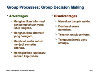Group Processes: Group Decision Making

 • Advantages                                     • Disadvantages
        Menghasilkan informasi                      Memakan banyak waktu.
         dan pengetahuan yang
                                                     Dominasi suara
         lebih lengkap.
                                                      minoritas.
        Menghasilkan alternatif
                                                     Tekanan untuk conform.
         yang beragam.
                                                     Tanggung jawab yang
        Membuat suatu solusi
                                                      ambigu.
         menjadi semakin
         diterima.
        Meningkatkan legitimasi
         sebuah keputusan.




© 2007 Prentice Hall, Inc. All rights reserved.                             15–17
 