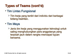 Types of Teams (cont’d)
 • Tim Lintas Fungsional
        Tim kerja yang terdiri dari individu dari berbagai
         bidang keahlian.

 • Tim Maya
        Jenis tim kerja yang menggunakan teknologi untuk
         saling menghubungkan para anggotanya yang
         terpisah jauh dalam rangka mencapai tujuan
         bersama.




© 2007 Prentice Hall, Inc. All rights reserved.               15–29
 