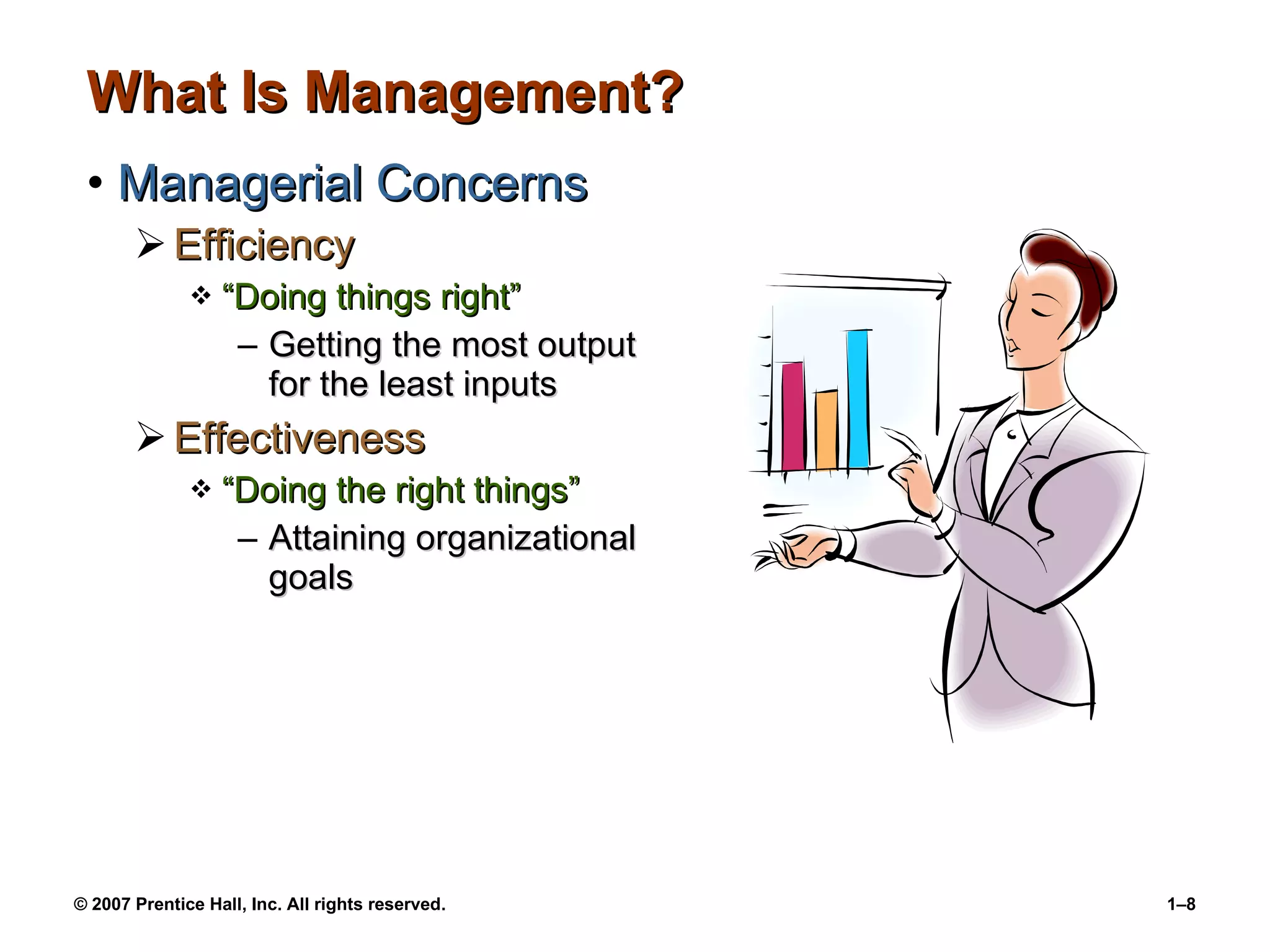 What Is Management? Managerial Concerns Efficiency “ Doing things right” Getting the most output for the least inputs Effectiveness “ Doing the right things” Attaining organizational goals 