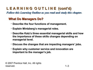 © 2007 Prentice Hall, Inc. All rights
reserved. 1–3
L E A R N I N G O U T L I N E (cont’d)L E A R N I N G O U T L I N E (cont’d)
Follow this Learning Outline as you read and study this chapter.Follow this Learning Outline as you read and study this chapter.
What Do Managers Do?What Do Managers Do?
• Describe the four functions of management.Describe the four functions of management.
• Explain Mintzberg’s managerial roles.Explain Mintzberg’s managerial roles.
• Describe Katz’s three essential managerial skills and howDescribe Katz’s three essential managerial skills and how
the importance of these skills changes depending onthe importance of these skills changes depending on
managerial level.managerial level.
• Discuss the changes that are impacting managers’ jobs.Discuss the changes that are impacting managers’ jobs.
• Explain why customer service and innovation areExplain why customer service and innovation are
important to the manager’s job.important to the manager’s job.
 