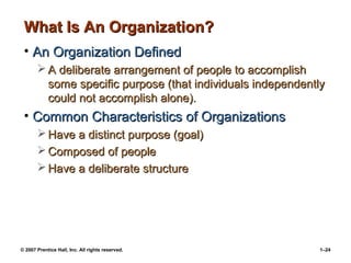 © 2007 Prentice Hall, Inc. All rights reserved. 1–24
What Is An Organization?What Is An Organization?
• An Organization DefinedAn Organization Defined
 A deliberate arrangement of people to accomplishA deliberate arrangement of people to accomplish
some specific purpose (that individuals independentlysome specific purpose (that individuals independently
could not accomplish alone).could not accomplish alone).
• Common Characteristics of OrganizationsCommon Characteristics of Organizations
 Have a distinct purpose (goal)Have a distinct purpose (goal)
 Composed of peopleComposed of people
 Have a deliberate structureHave a deliberate structure
 