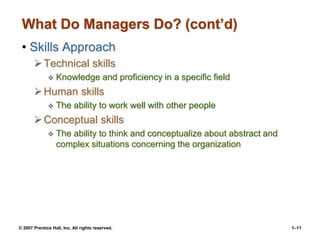 © 2007 Prentice Hall, Inc. All rights reserved. 1–11
What Do Managers Do? (cont’d)
• Skills Approach
Technical skills
 Knowledge and proficiency in a specific field
Human skills
 The ability to work well with other people
Conceptual skills
 The ability to think and conceptualize about abstract and
complex situations concerning the organization
 