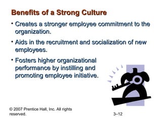 Benefits of a Strong Culture
• Creates a stronger employee commitment to the
  organization.
• Aids in the recruitment and socialization of new
  employees.
• Fosters higher organizational
  performance by instilling and
  promoting employee initiative.




© 2007 Prentice Hall, Inc. All rights
reserved.                               3–12
 