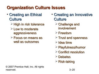Organization Culture Issues
• Creating an Ethical
Culture
 High in risk tolerance
 Low to moderate
aggressiveness
 Focus on means as
well as outcomes

© 2007 Prentice Hall, Inc. All rights
reserved.

• Creating an Innovative
Culture
 Challenge and
involvement
 Freedom
 Trust and openness
 Idea time
 Playfulness/humor
 Conflict resolution
 Debates
 Risk-taking
3–20

 