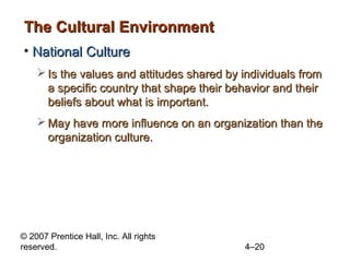 The Cultural Environment
• National Culture
     Is the values and attitudes shared by individuals from
      a specific country that shape their behavior and their
      beliefs about what is important.
     May have more influence on an organization than the
      organization culture.




© 2007 Prentice Hall, Inc. All rights
reserved.                                   4–20
 