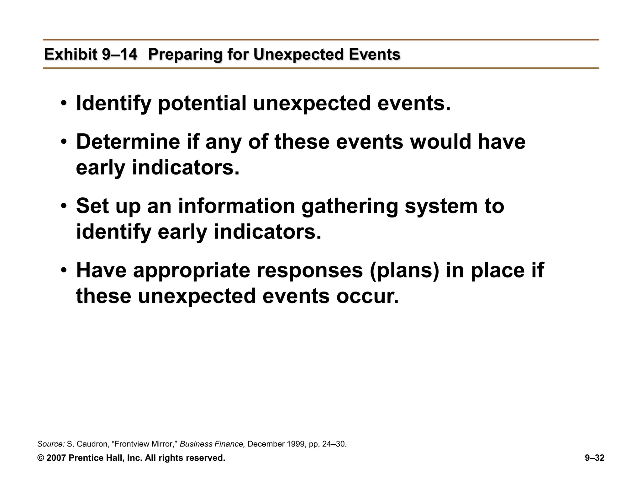 © 2007 Prentice Hall, Inc. All rights reserved. 9–32
Exhibit 9–14 Preparing for Unexpected Events
• Identify potential unexpected events.
• Determine if any of these events would have
early indicators.
• Set up an information gathering system to
identify early indicators.
• Have appropriate responses (plans) in place if
these unexpected events occur.
Source: S. Caudron, “Frontview Mirror,” Business Finance, December 1999, pp. 24–30.
 
