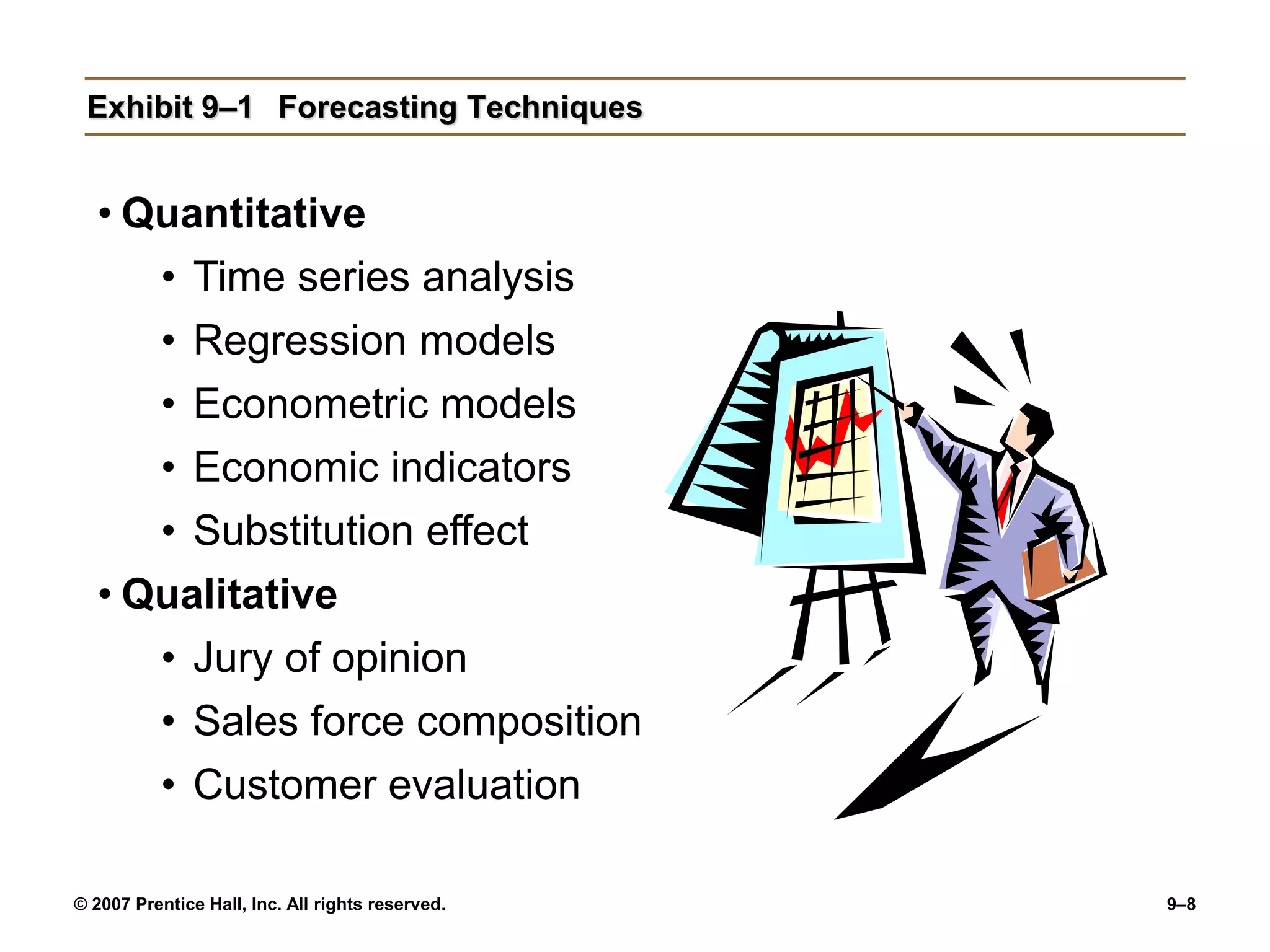 © 2007 Prentice Hall, Inc. All rights reserved. 9–8
Exhibit 9–1 Forecasting Techniques
• Quantitative
• Time series analysis
• Regression models
• Econometric models
• Economic indicators
• Substitution effect
• Qualitative
• Jury of opinion
• Sales force composition
• Customer evaluation
 