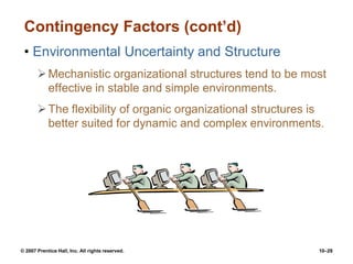 © 2007 Prentice Hall, Inc. All rights reserved. 10–29
Contingency Factors (cont’d)
• Environmental Uncertainty and Structure
Mechanistic organizational structures tend to be most
effective in stable and simple environments.
The flexibility of organic organizational structures is
better suited for dynamic and complex environments.
 
