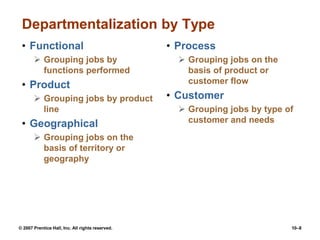 © 2007 Prentice Hall, Inc. All rights reserved. 10–8
Departmentalization by Type
• Functional
 Grouping jobs by
functions performed
• Product
 Grouping jobs by product
line
• Geographical
 Grouping jobs on the
basis of territory or
geography
• Process
 Grouping jobs on the
basis of product or
customer flow
• Customer
 Grouping jobs by type of
customer and needs
 