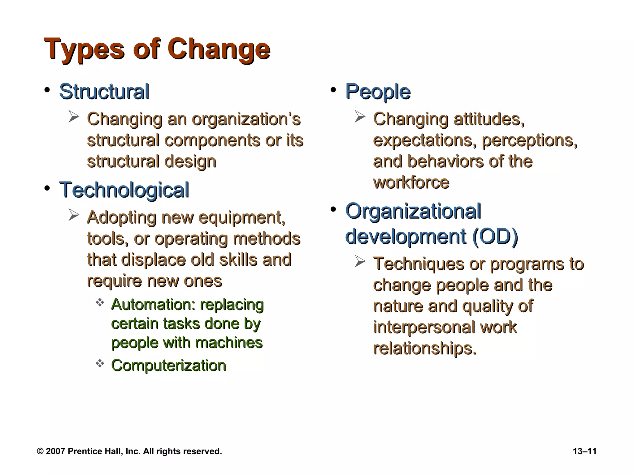 Types of Change
 • Structural                                     • People
        Changing an organization’s                  Changing attitudes,
         structural components or its                 expectations, perceptions,
         structural design                            and behaviors of the
 • Technological                                      workforce
        Adopting new equipment,                  • Organizational
         tools, or operating methods                development (OD)
         that displace old skills and                Techniques or programs to
         require new ones                             change people and the
                 Automation: replacing               nature and quality of
                  certain tasks done by               interpersonal work
                  people with machines                relationships.
                 Computerization




© 2007 Prentice Hall, Inc. All rights reserved.                                13–11
 