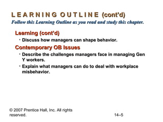 L E A R N I N G O U T L I N E (cont’d)
Follow this Learning Outline as you read and study this chapter.

Learning (cont’d)
• Discuss how managers can shape behavior.

Contemporary OB Issues
• Describe the challenges managers face in managing Gen
Y workers.
• Explain what managers can do to deal with workplace
misbehavior.

© 2007 Prentice Hall, Inc. All rights
reserved.

14–5

 