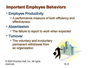 Important Employee Behaviors
• Employee Productivity
 A performance measure of both efficiency and
effectiveness

• Absenteeism
 The failure to report to work when expected

• Turnover
 The voluntary and involuntary
permanent withdrawal from
an organization

© 2007 Prentice Hall, Inc. All rights
reserved.

14–8

 