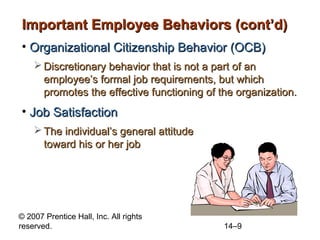 Important Employee Behaviors (cont’d)
• Organizational Citizenship Behavior (OCB)
 Discretionary behavior that is not a part of an
employee’s formal job requirements, but which
promotes the effective functioning of the organization.

• Job Satisfaction
 The individual’s general attitude
toward his or her job

© 2007 Prentice Hall, Inc. All rights
reserved.

14–9

 