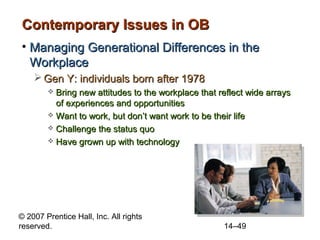 © 2007 Prentice Hall, Inc. All rights
reserved. 14–49
Contemporary Issues in OBContemporary Issues in OB
• Managing Genera...