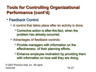 © 2007 Prentice Hall, Inc. All rights
reserved. 18–27
Tools for Controlling OrganizationalTools for Controlling Organizational
Performance (cont’d)Performance (cont’d)
• Feedback ControlFeedback Control
 A control that takes place after an activity is done.A control that takes place after an activity is done.
 Corrective action is after-the-fact, when theCorrective action is after-the-fact, when the
problem has already occurred.problem has already occurred.
 Advantages of feedback controls:Advantages of feedback controls:
 Provide managers with information on theProvide managers with information on the
effectiveness of their planning efforts.effectiveness of their planning efforts.
 Enhance employee motivation by providing themEnhance employee motivation by providing them
with information on how well they are doing.with information on how well they are doing.
 