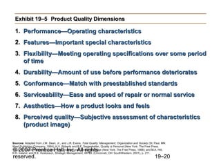 Exhibit 19–5 Product Quality Dimensions

  1. Performance—Operating characteristics
  2. Features—Important special characteristics
  3. Flexibility—Meeting operating specifications over some period
     of time
  4. Durability—Amount of use before performance deteriorates
  5. Conformance—Match with preestablished standards
  6. Serviceability—Ease and speed of repair or normal service
  7. Aesthetics—How a product looks and feels
  8. Perceived quality—Subjective assessment of characteristics
     (product image)

Sources: Adapted from J.W. Dean, Jr., and J.R. Evans, Total Quality: Management, Organization and Society (St. Paul, MN:
West Publishing Company, 1994); H.V. Roberts and B.F. Sergesketter, Quality is Personal (New York: The Free Press,
© 2007 Prentice Hall, Inc. All rights
1993): D. Garvin, Managed Quality: The Strategic and Competitive Edge (New York: The Free Press, 1988); and M.A. Hitt,
R.D. Ireland, and R.E. Hoskisson, Strategic Management, 4th ed. (Cincinnati, OH: SouthWestern, 2001), p. 211.
reserved.                                                                                                      19–20
 