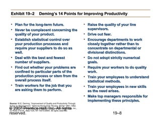 Exhibit 19–2                   Deming’s 14 Points for Improving Productivity

 • Plan for the long-term future.                                            • Raise the quality of your line
 • Never be complacent concerning the                                          supervisors.
   quality of your product.                                                  • Drive out fear.
 • Establish statistical control over                                        • Encourage departments to work
   your production processes and                                               closely together rather than to
   require your suppliers to do so as                                          concentrate on departmental or
   well.                                                                       divisional distinctions.
 • Deal with the best and fewest                                             • Do not adopt strictly numerical
   number of suppliers.                                                        goals.
 • Find out whether your problems are                                        • Require your workers to do quality
   confined to particular parts of the                                         work.
   production process or stem from the                                       • Train your employees to understand
   overall process itself.                                                     statistical methods.
 • Train workers for the job that you                                        • Train your employees in new skills
   are asking them to perform.                                                 as the need arises.
                                                                             • Make top managers responsible for
                                                                               implementing these principles.
Source: W.E. Deming, “Improvement of Quality and Productivity Through
Action by Management,” National Productivity Review, Winter 1981–1982,
© 2007 Prentice Hall, Inc. All rights
pp. 12–22. With permission. Copyright 1981 by Executive Enterprises, Inc.,
22 West 21st St., New York, NY 10010-6904. All rights reserved.
reserved.                                                                                   19–8
 
