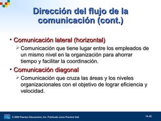 © 2009 Pearson Educaciónn, Inc. Publicado como Prentice Hall. 14–22
• Comunicación lateral (horizontal)Comunicación lateral (horizontal)
 Comunicación que tiene lugar entre los empleados deComunicación que tiene lugar entre los empleados de
un mismo nivel en la organización para ahorrarun mismo nivel en la organización para ahorrar
tiempo y facilitar la coordinación.tiempo y facilitar la coordinación.
• Comunicación diagonalComunicación diagonal
 Comunicación que cruza las áreas y los nivelesComunicación que cruza las áreas y los niveles
organizacionales con el objetivo de lograr eficiencia yorganizacionales con el objetivo de lograr eficiencia y
velocidad.velocidad.
Dirección del flujo de laDirección del flujo de la
comunicación (cont.)comunicación (cont.)
 