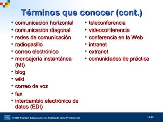 © 2009 Pearson Educaciónn, Inc. Publicado como Prentice Hall. 14–35
Términos que conocer (cont.)Términos que conocer (cont.)
• comunicación horizontalcomunicación horizontal
• comunicación diagonalcomunicación diagonal
• redes de comunicaciónredes de comunicación
• radiopasilloradiopasillo
• correo electrónicocorreo electrónico
• mensajería instantáneamensajería instantánea
(MI)(MI)
• blogblog
• wikiwiki
• correo de vozcorreo de voz
• faxfax
• intercambio electrónico deintercambio electrónico de
datos (EDI)datos (EDI)
• teleconferenciateleconferencia
• videoconferenciavideoconferencia
• conferencia en la Webconferencia en la Web
• intranetintranet
• extranetextranet
• comunidades de prácticacomunidades de práctica
 