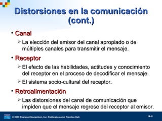 © 2009 Pearson Educaciónn, Inc. Publicado como Prentice Hall. 14–9
Distorsiones en la comunicaciónDistorsiones en la comunicación
(cont.)(cont.)
• CanalCanal
 La elección del emisor del canal apropiado o deLa elección del emisor del canal apropiado o de
múltiples canales para transmitir el mensaje.múltiples canales para transmitir el mensaje.
• ReceptorReceptor
 El efecto de las habilidades, actitudes y conocimientoEl efecto de las habilidades, actitudes y conocimiento
del receptor en el proceso de decodificar el mensaje.del receptor en el proceso de decodificar el mensaje.
 El sistema socio-cultural del receptor.El sistema socio-cultural del receptor.
• RetroalimentaciónRetroalimentación
 Las distorsiones del canal de comunicación queLas distorsiones del canal de comunicación que
impiden que el mensaje regrese del receptor al emisor.impiden que el mensaje regrese del receptor al emisor.
 