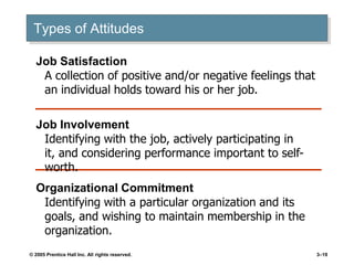 © 2005 Prentice Hall Inc. All rights reserved. 3–19
Types of Attitudes
Job Involvement
Identifying with the job, actively participating in
it, and considering performance important to self-
worth.
Organizational Commitment
Identifying with a particular organization and its
goals, and wishing to maintain membership in the
organization.
Job Satisfaction
A collection of positive and/or negative feelings that
an individual holds toward his or her job.
 