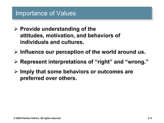 © 2005 Prentice Hall Inc. All rights reserved. 3–5
Importance of Values
 Provide understanding of the
attitudes, motivation, and behaviors of
individuals and cultures.
 Influence our perception of the world around us.
 Represent interpretations of “right” and “wrong.”
 Imply that some behaviors or outcomes are
preferred over others.
 