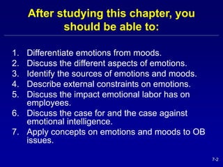 7-2 
After studying this chapter, you 
should be able to: 
1. Differentiate emotions from moods. 
2. Discuss the different aspects of emotions. 
3. Identify the sources of emotions and moods. 
4. Describe external constraints on emotions. 
5. Discuss the impact emotional labor has on 
employees. 
6. Discuss the case for and the case against 
emotional intelligence. 
7. Apply concepts on emotions and moods to OB 
issues. 
 