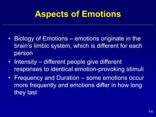 7-6 
Aspects of Emotions 
• Biology of Emotions – emotions originate in the 
brain’s limbic system, which is different for each 
person 
• Intensity – different people give different 
responses to identical emotion-provoking stimuli 
• Frequency and Duration – some emotions occur 
more frequently and emotions differ in how long 
they last 
 