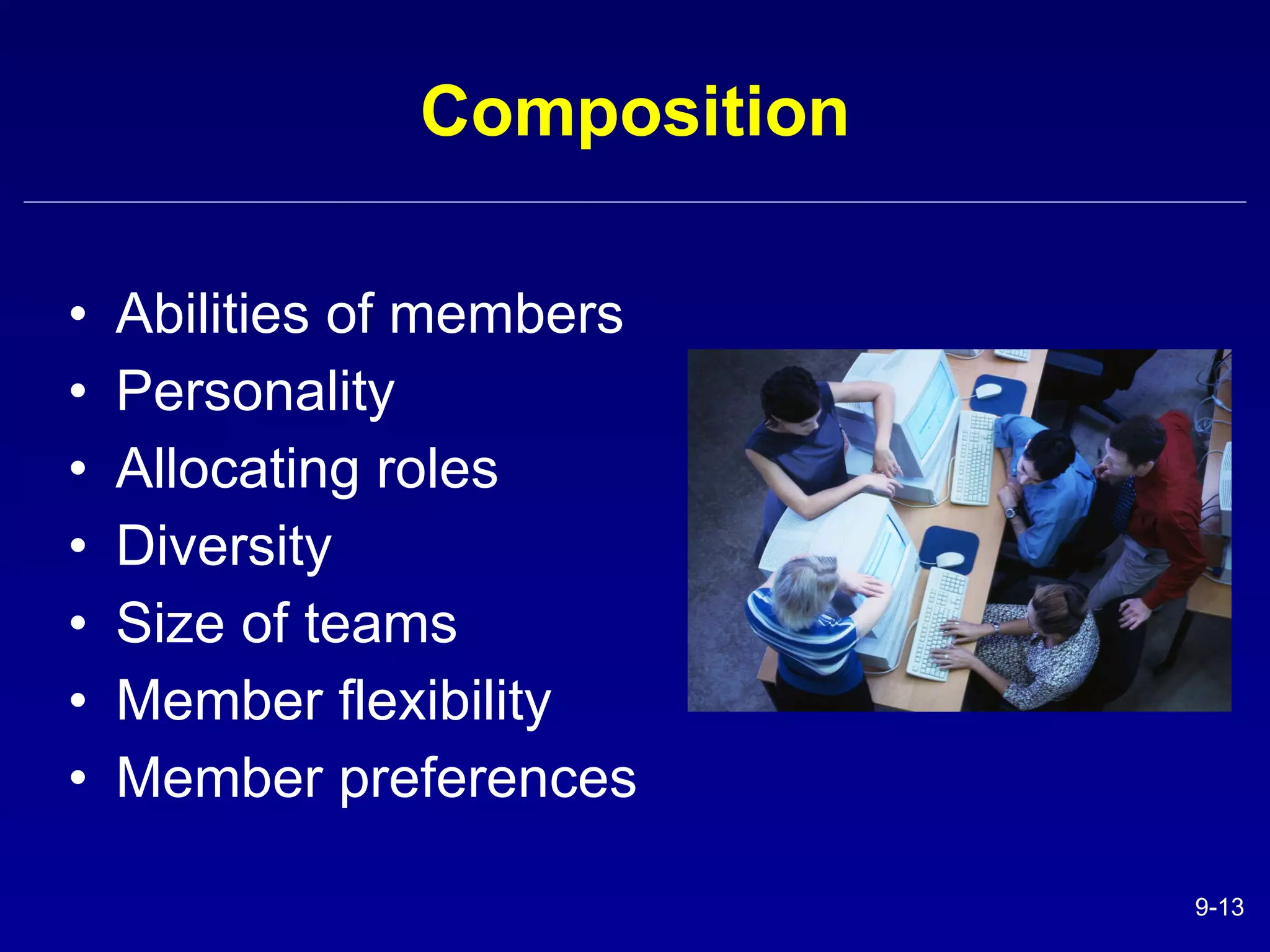 Composition Abilities of members Personality Allocating roles Diversity Size of teams Member flexibility Member preferences 