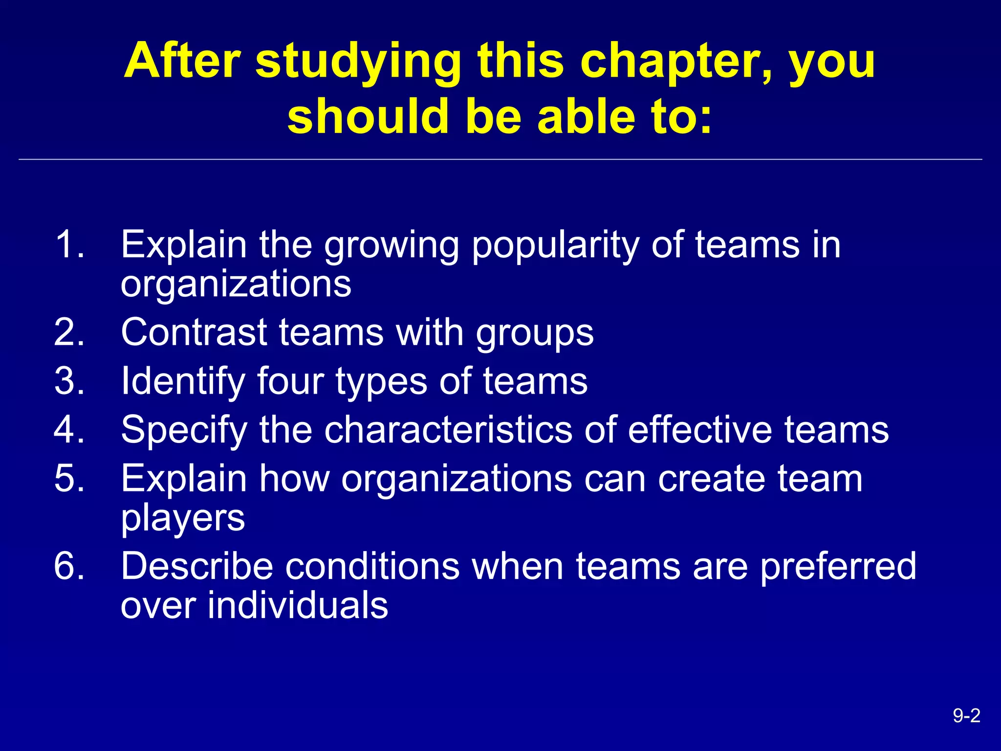 After studying this chapter, you should be able to: Explain the growing popularity of teams in organizations Contrast teams with groups Identify four types of teams  Specify the characteristics of effective teams Explain how organizations can create team players Describe conditions when teams are preferred over individuals 