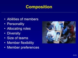 Composition Abilities of members Personality Allocating roles Diversity Size of teams Member flexibility Member preferences 